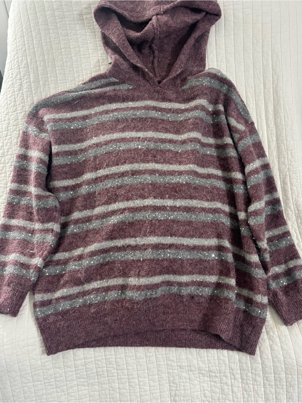 Nine West Plum and Light Gray Striped Hooded Crewneck Sweater